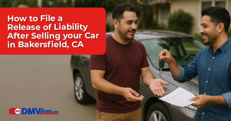 Two men exchanging car keys and signing a document after selling a vehicle in Bakersfield, CA.