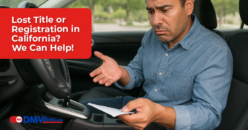 Hispanic man inside a car looking confused while holding vehicle documents, representing a lost title or registration issue in California.